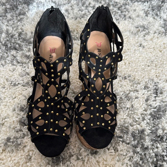 Black Cutout Wedges with Gold Studs - JustFab Size 6.5 - Picture 1 of 5
